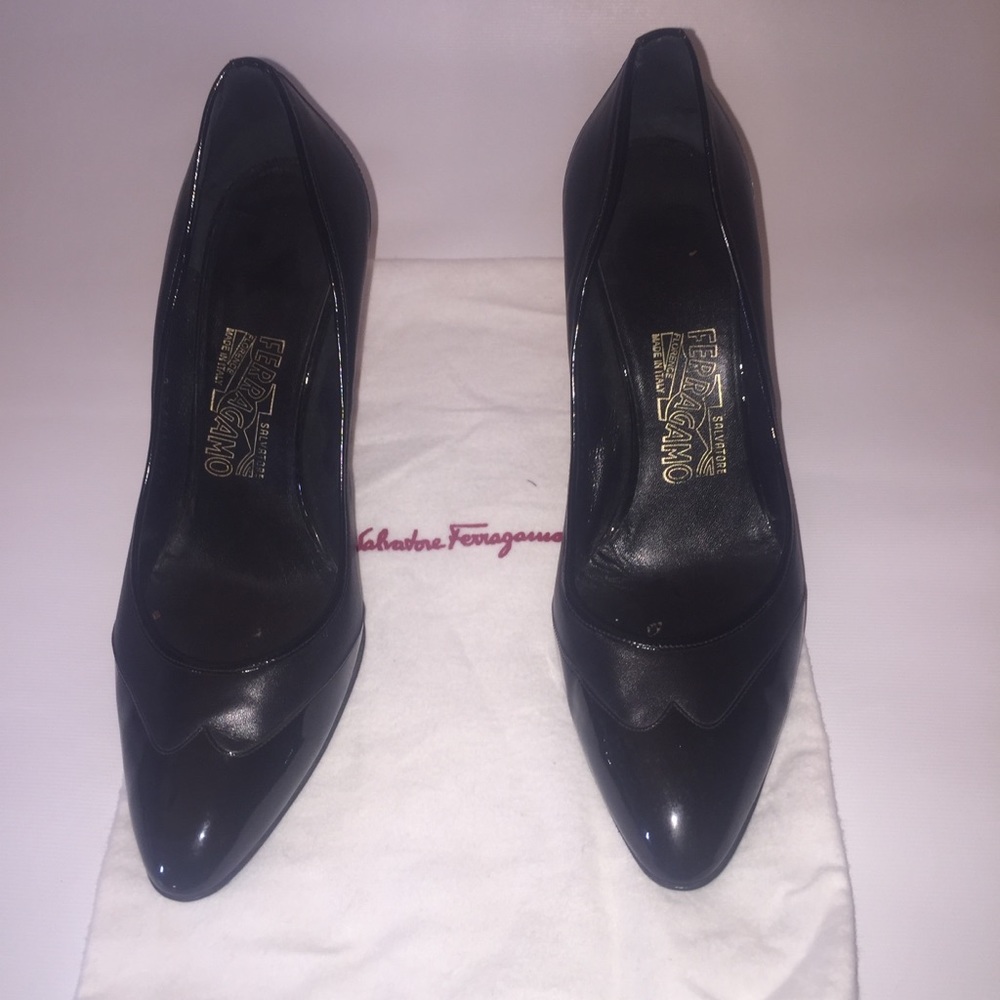 Salvatore Ferragamo Black Leather & Patent Heels 9.5